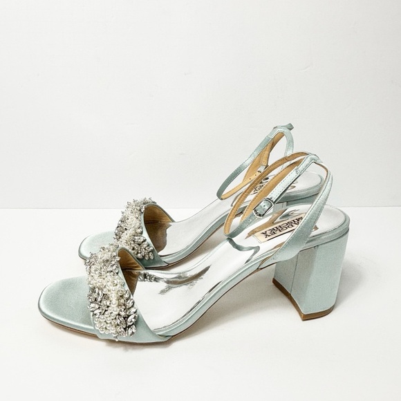 BADGLEY MISCHKA CLARA WOMEN SANDAL HEELS SATIN BLUE SIZE 10 - Picture 7 of 9
